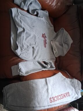 Soffe Gray Sweatshirt Label Detail with Red Logo Accent